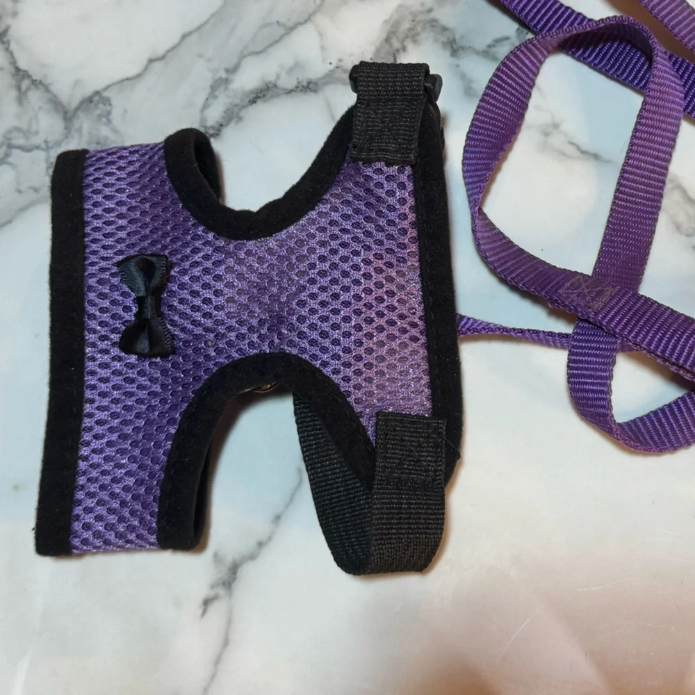 4/$15 Purple Mesh with Black Bow Pet Harness with Leash Size Small